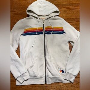 Aviator Nation 5 Stripe Relaxed Zip Hoodie Unisex White Neon Rainbow -M